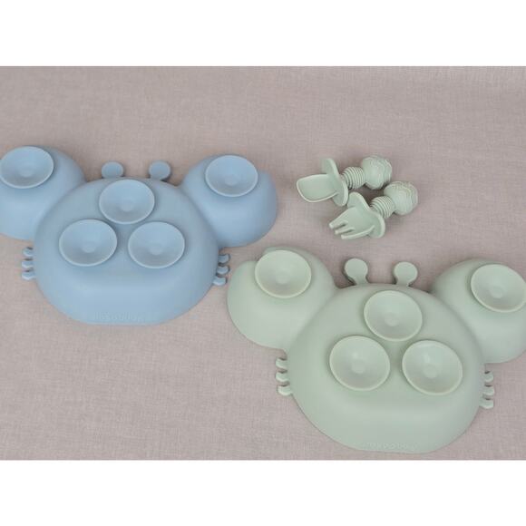 2 Crab Shaped Silicone Sectioned Suction-cupped Plates with Fork and Spoon - Picture 2 of 3